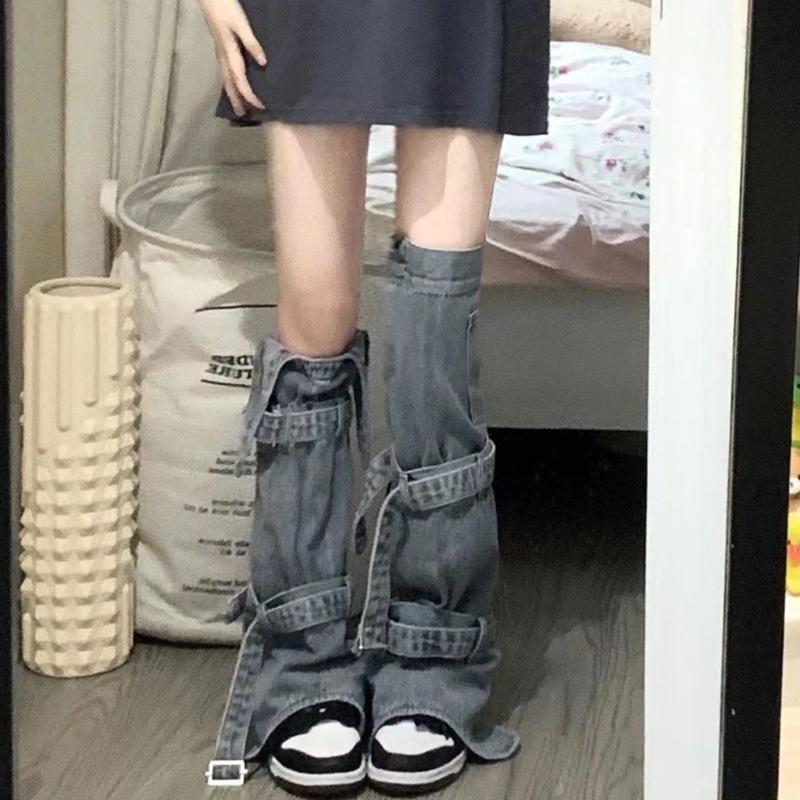 Womens Harajuku Punk Rock Denim Leg Warmer Socks Gothic Bandage Buckled Knee High Foot Cover Aesthetic Grunge Streetwear