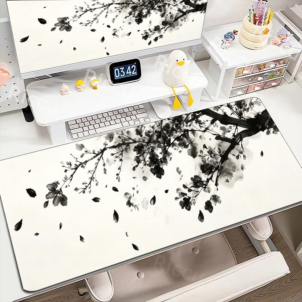 Ink Wash Plum Blossom Large Mouse Pad Non Slip Rubber Desk Mat Stitched Edge For Computer Laptop Home Office Gaming Workspace