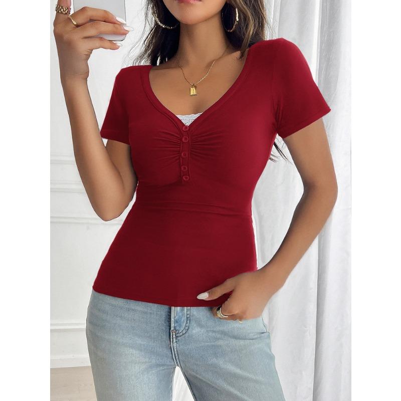 Spring and Summer Women's T-shirt Y2K Wind Sweet and Spicy Solid Colour Slim Lace Splicing V-neck Short-sleeved Tops