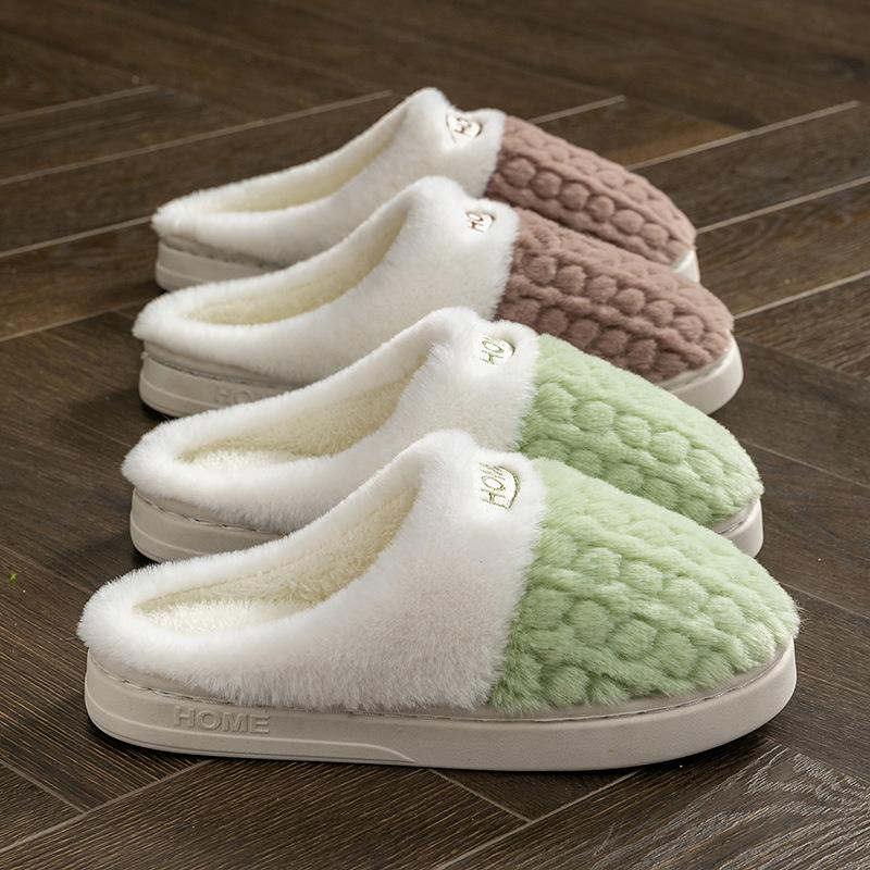 Double color wheat ear cotton slippers 2025 new non-slip thick-soled couple home indoor warm cotton shoes