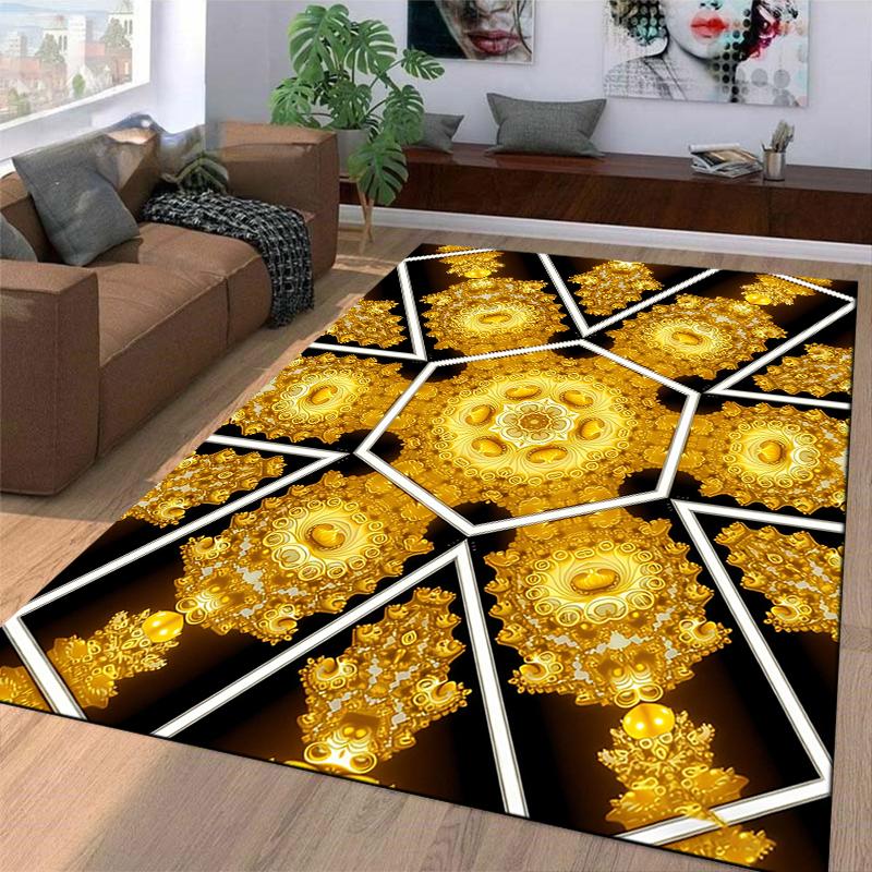 Golden Geometric and Floral Pattern Carpet with Black Background Suitable for use as an anti-slip for living room bedroom sofas