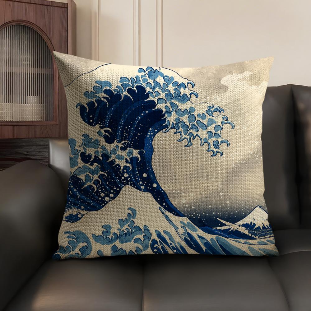 The Great Wave off Kanagawa Cushion Cover Breathable Linen Organic Fabric DoubleSided Printing Sofa Pillow Case Home Decor