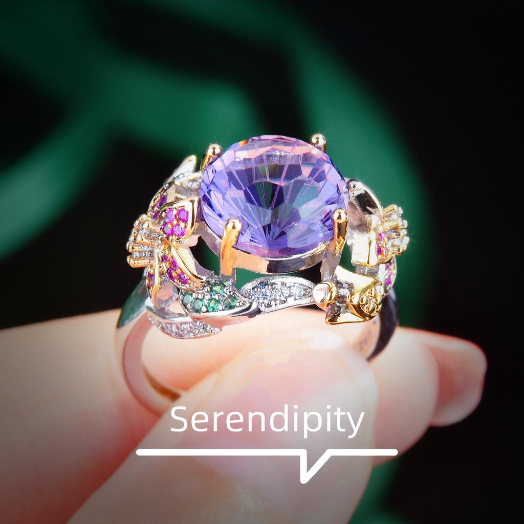 Two-color Gold Craft Handmade Inlaid Fireworks Cut Purple Diamond Ring, Colorful Flower Opening Colored Treasure Ring