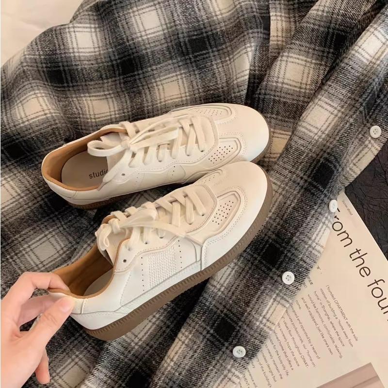 Cowhide version retro versatile niche splicing breathable lace-up casual sports women's board shoes
