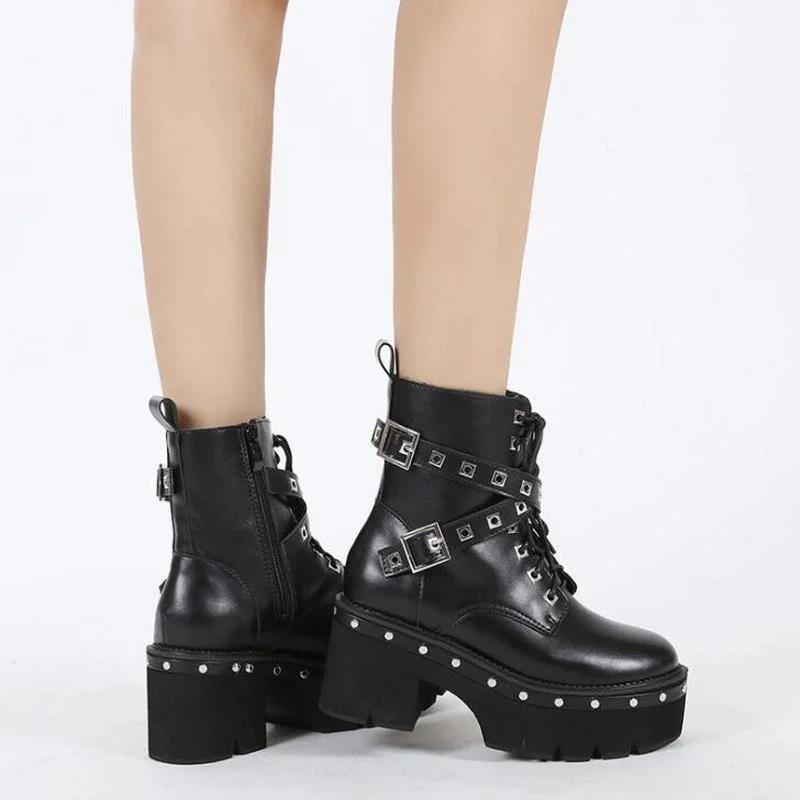 Fashion Punk Platform Women Ankle Boots Women's Motorcycle Boot Fashion Ladies Chunky heels Platform Shoes plus big size