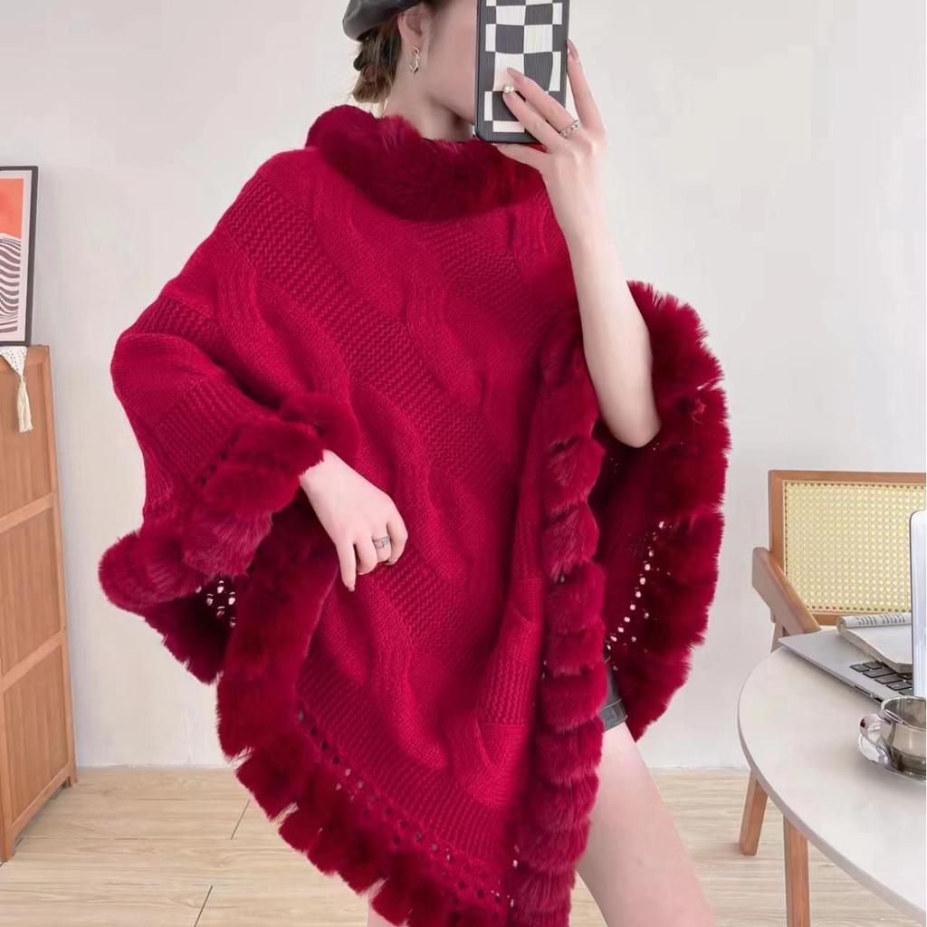New Imitation Rabbit Fur Solid Color Pullover Cape Sweater Women'S Shawl Pullover Knitted Sweater