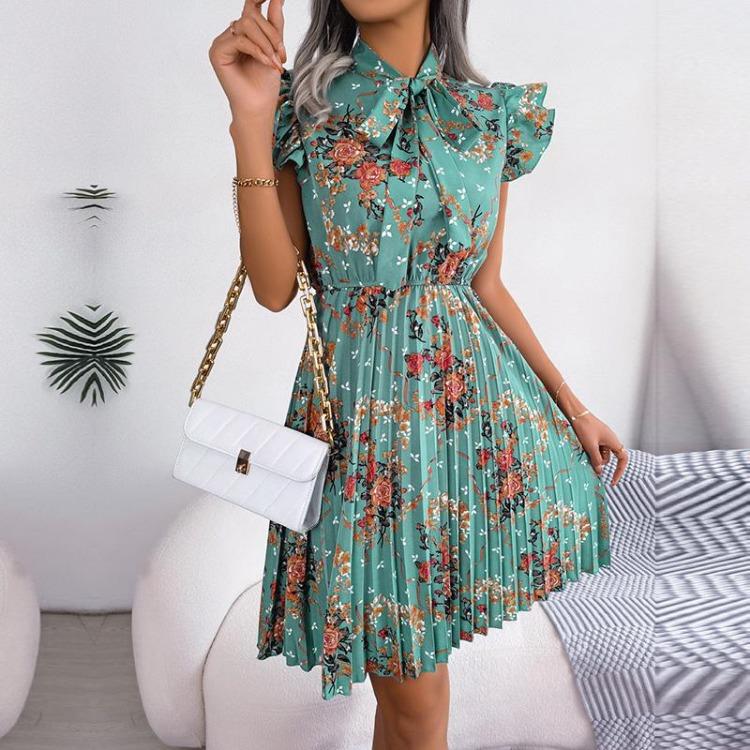 Women Elegant High Waist Pleated Dress with Lace Up Detail and Large Fold Bow Collar Solid Color Spring Summer Fashion