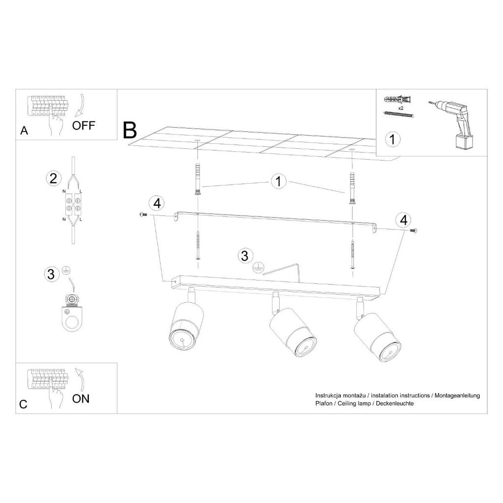 Spot Sufitowy Czarny Podłużny Potrójny Klosz Złoty 3Xgu10 10W Nero Sl.1071 Sollux Lighting