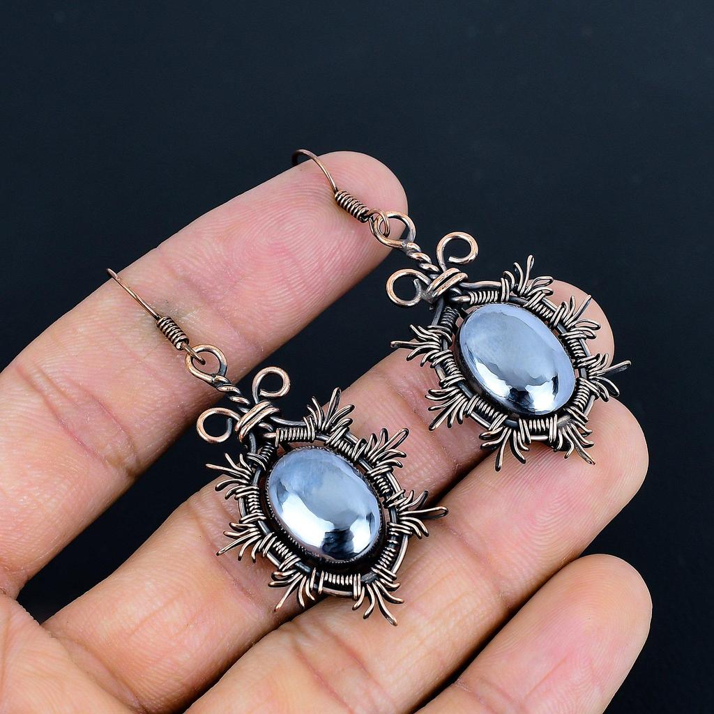 Shungite 999 Copper Wire Wrapped Earrings, Handmade Gemstone Earrings Jewelry, Gifts For Love Brand New Earrings