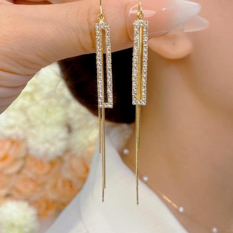 S925 Silver Teardrop Diamond Tassel Dangle Earrings - Korean Fashion, Celebrity Style for Women