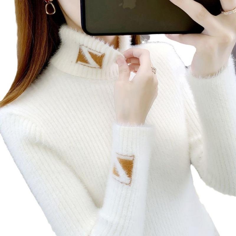 Imitation Mink Velvet Does Not Shed Hair. New Jacquard Slim-fitting Inner Double-layer Collar Turtleneck Knitted Bottoming Sweater for Women