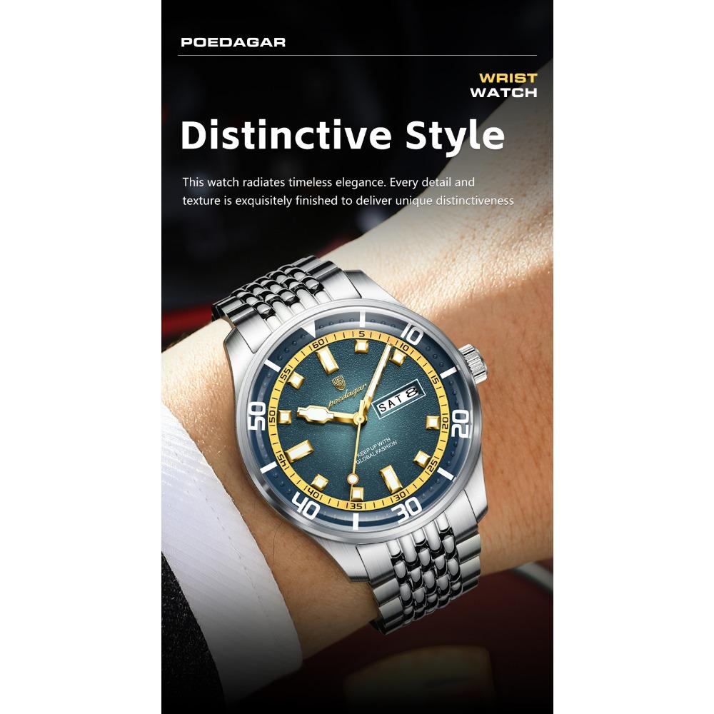 POEDAGAR Luxury Military Man Watch Casual Waterproof Luminous Date Week Men Watch Stainless Steel Quartz Men's Watches Reloj+Box