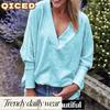 Women's Fashion Casual Solid Color Print Long Sleeve V Neck Blouses & Shirts