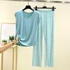 Ladies' Casual And Comfortable Round Neck Solid Color Top With Checkered Printed Pants Plus Size Set