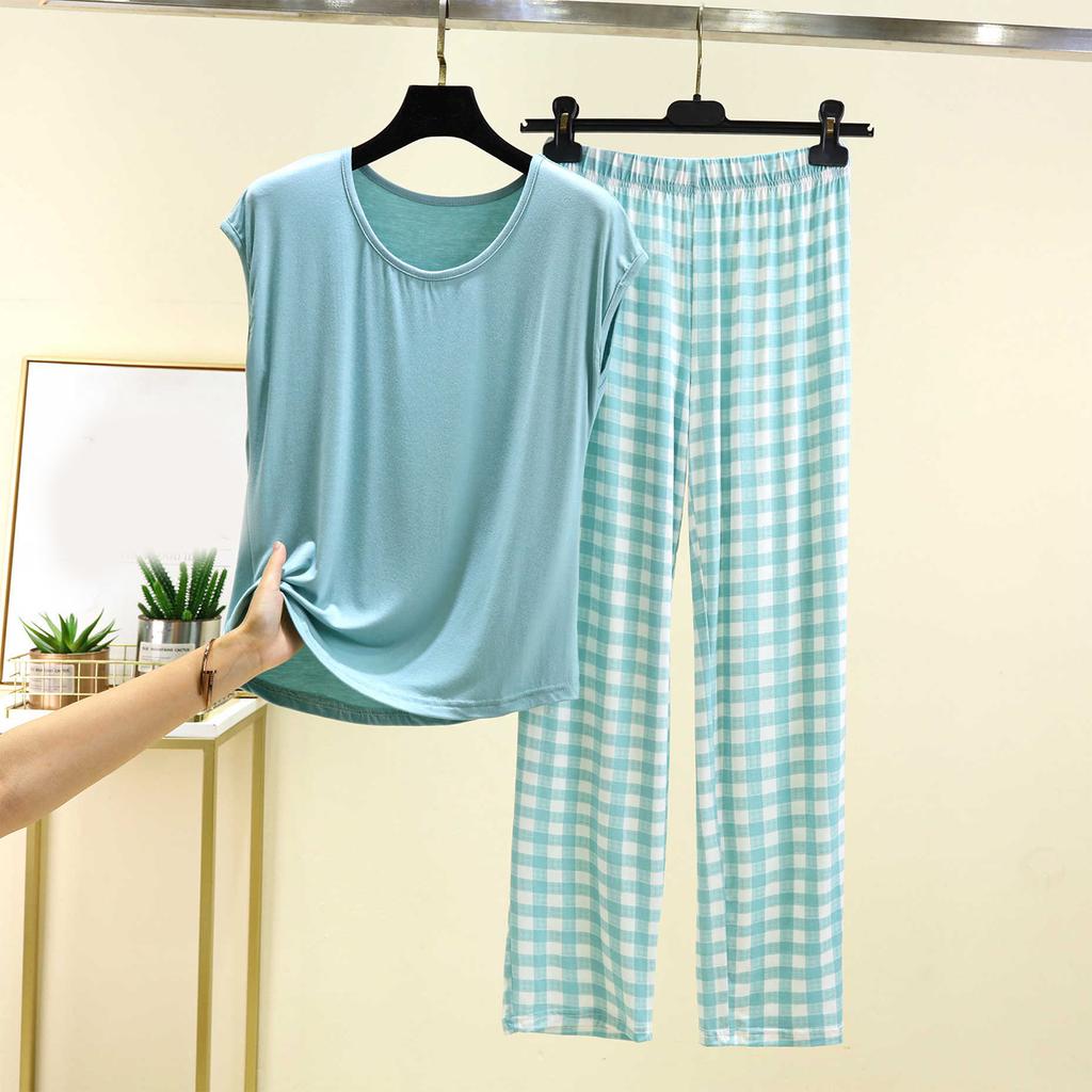Ladies' Casual And Comfortable Round Neck Solid Color Top With Checkered Printed Pants Plus Size Set