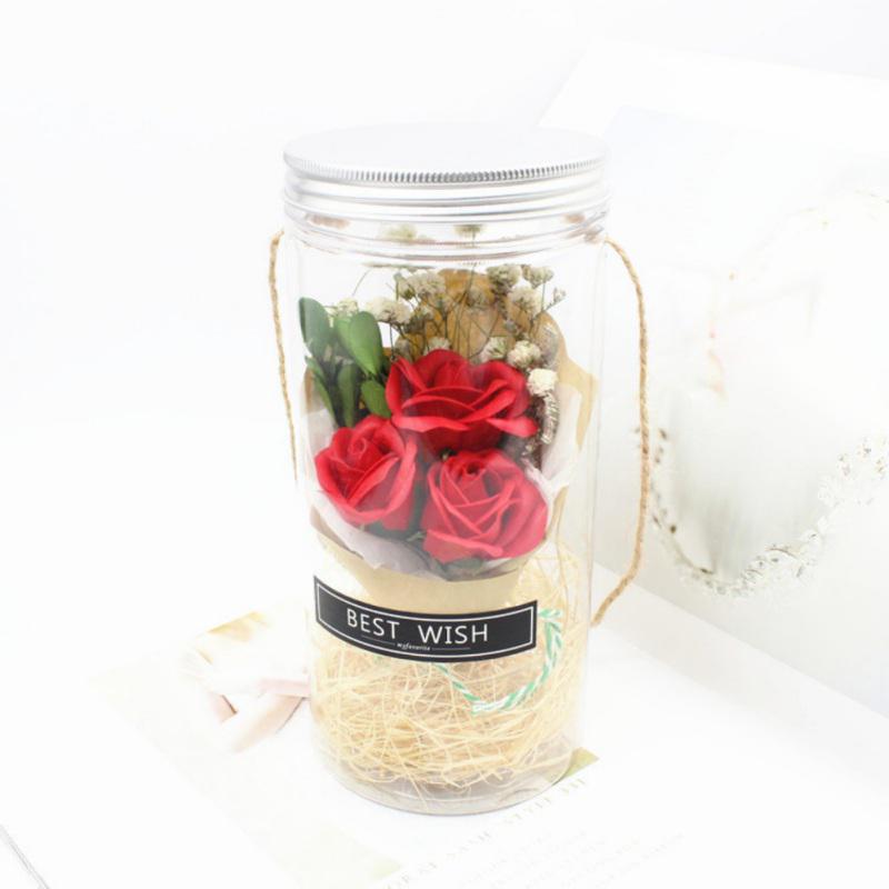 Soap Rose Flower Bouquet And LED Light String In Bottle With Hanging Rope For Valentine's Wedding Anniversary Birthday Gift Home Decor