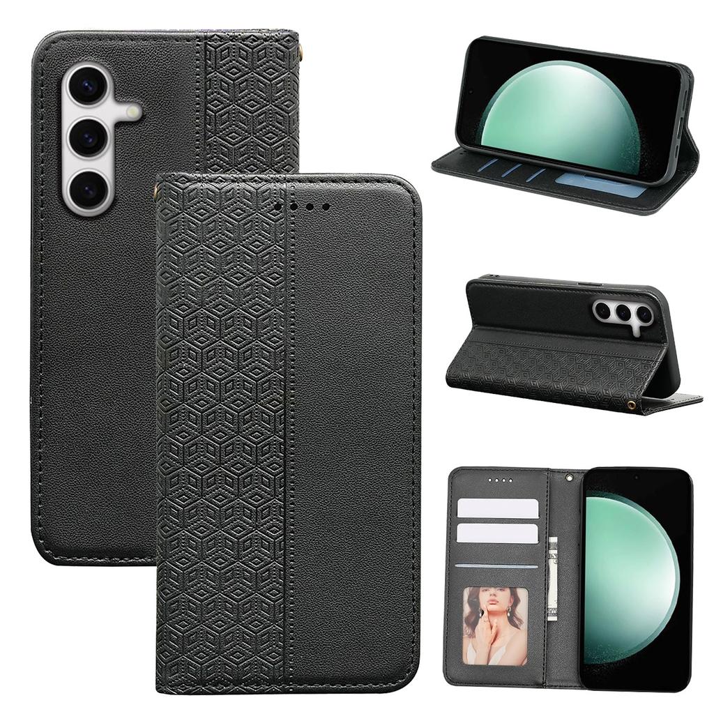 For Samsung Galaxy S24 FE Wallet Phone Case Strong Magnetic Checkered Pattern Imprint Leather Flip Cover