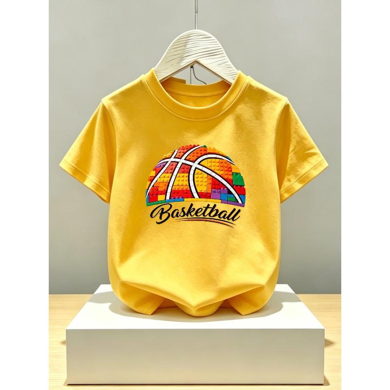 Boys Crewneck Short Sleeve T-Shirt, Creative Building Block Rainbow Basketball Print