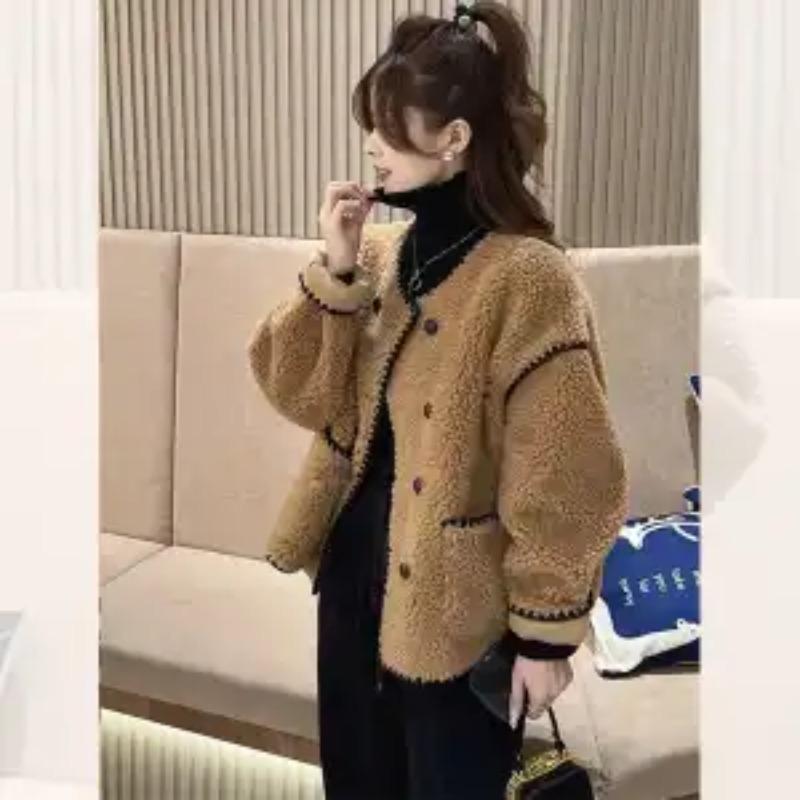 Autumn and Winter Solid Color Button Pocket Cardigan Round Neck Lamb Plush Jacket Women's Top