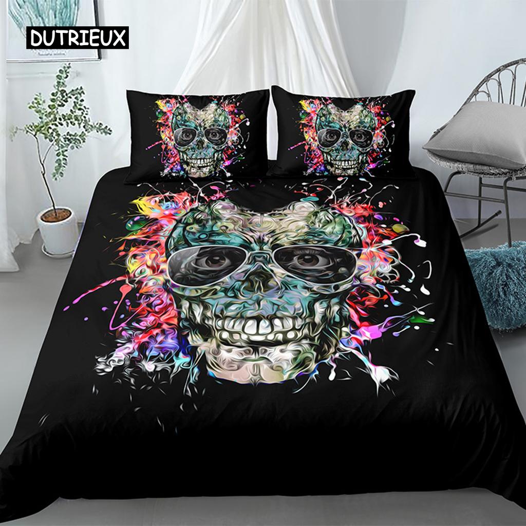 3D Skull Duvet Cover Set Colorful Skull Gothic Watercolor Tie Dye Comforter Cover Microfiber Sugar Skull Queen Size Bedding Set