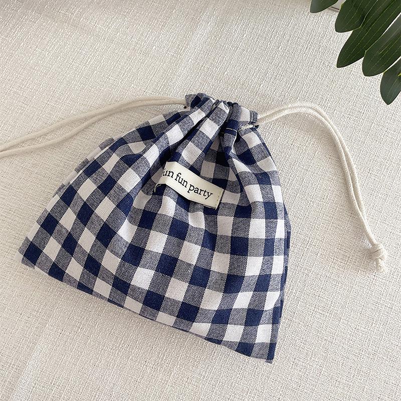 Multifunctional Cotton Plaid Storage Drawstring Bag For Women Portable Finishing Storage Pouch Cute Makeup Bag Candy Organizer