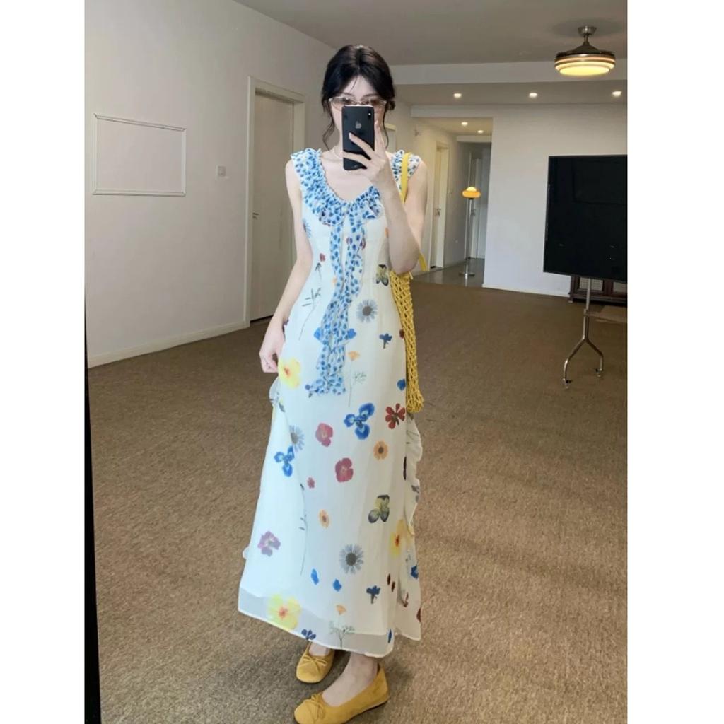 French beautiful temperament waist thin floral dress seaside vacation style print sleeveless dress women's summer wear
