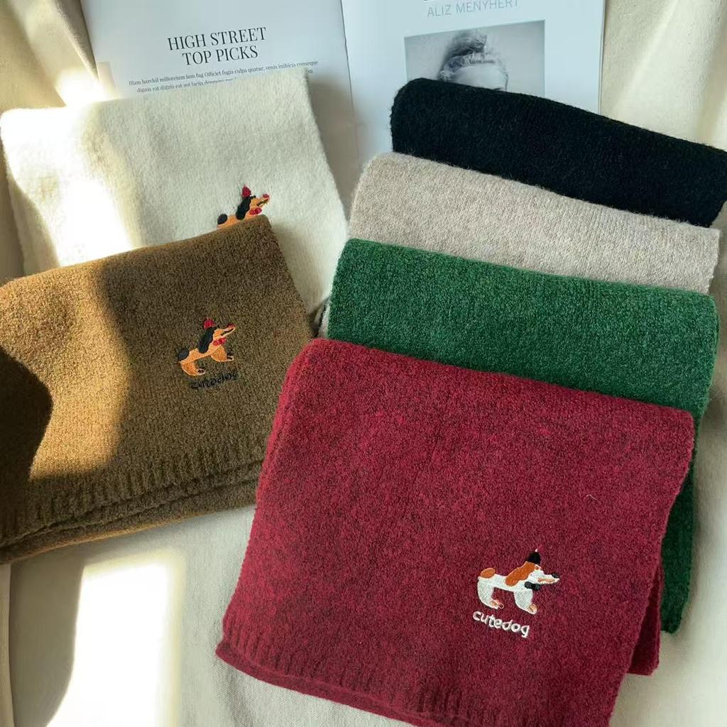 2025 Winter Japanese Cute Puppy Embroidery Scarf for Neck Protection