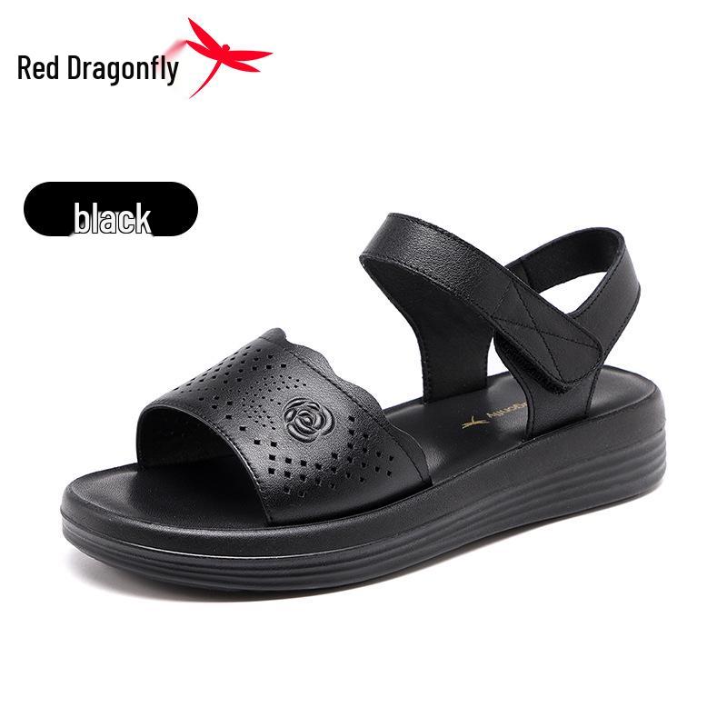 Red Dragonfly Women s Genuine Leather Hollow Thick-Soled Sandals - Comfortable Summer Flats 36