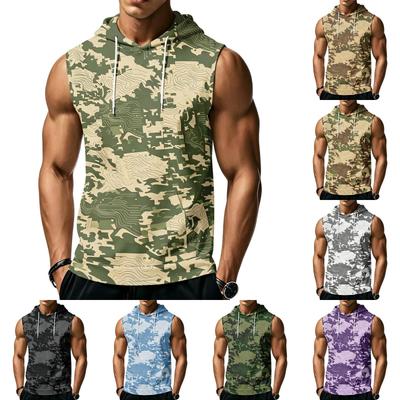 Sudadera sin mangas para hombre con estampado de camuflaje, capucha con cordón, chaleco con bolsillo tipo canguro, corte relajado, top deportivo