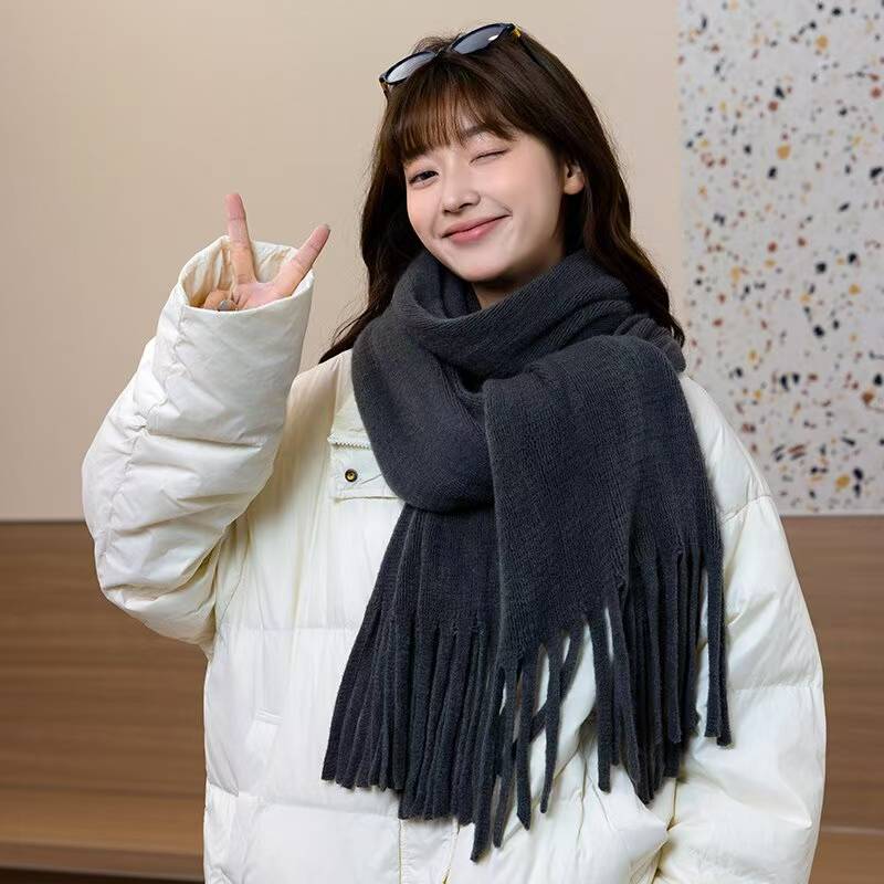 Japanese Simple Imitation Cashmere Thickened Scarf for Women Winter Korean Style All Match Tassel Knitted Long Scarf Shawl Couple