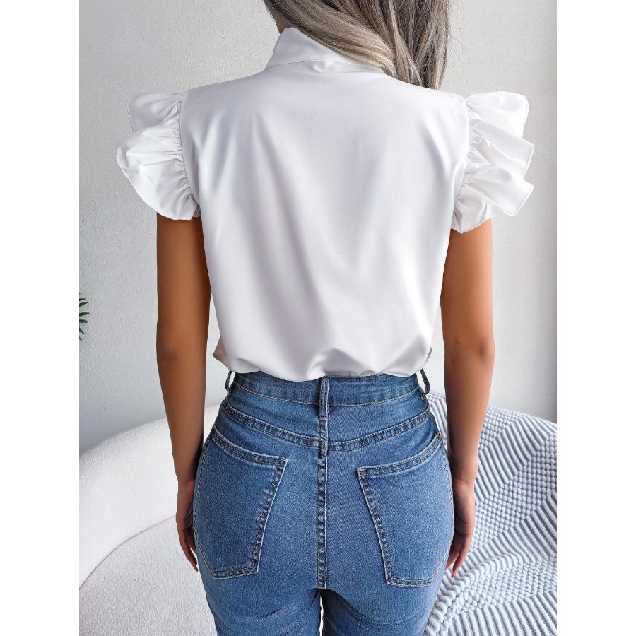 2024 Spring Summer Elegant Lace Up Butterfly Bow Tie Blouse Women Office Ruffles Hem Shirts
