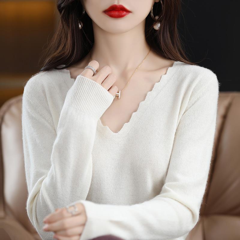 YYFS женские модные повседневные однотонные принты осень-зима с длинным рукавом с v-образным вырезом сексуальные свободные свитера M слоновая кость 1837₽