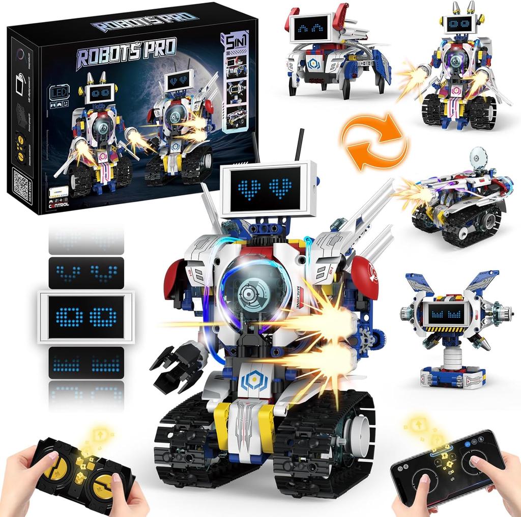 5 in 1 STEM Robot Building Toys Kit, 620Pcs DIY,APP & Remote Control Screen, Eye Coding Rechargeable, Warriors, Birthday Gifts