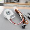 Refrigerator Evaporator Fan Motor W11334745, White Replacement Assembly Featuring a Multicolor Wire Harness, White Connector, and Metal Shaft