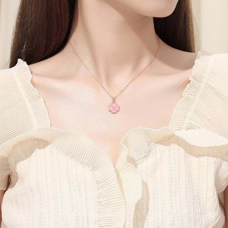Double-Sided Four-Leaf Clover Heart Necklace: Sterling Silver Clavicle Chain, Women's Summer Korean Fashion, Mori Style Pendant.
