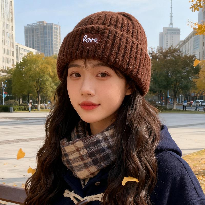 Autumn and Winter Warmth, Love Letter Embroidered Hat, Women's Big Head, Knitted Hat, Ear Protection, Cold Protection Beanie