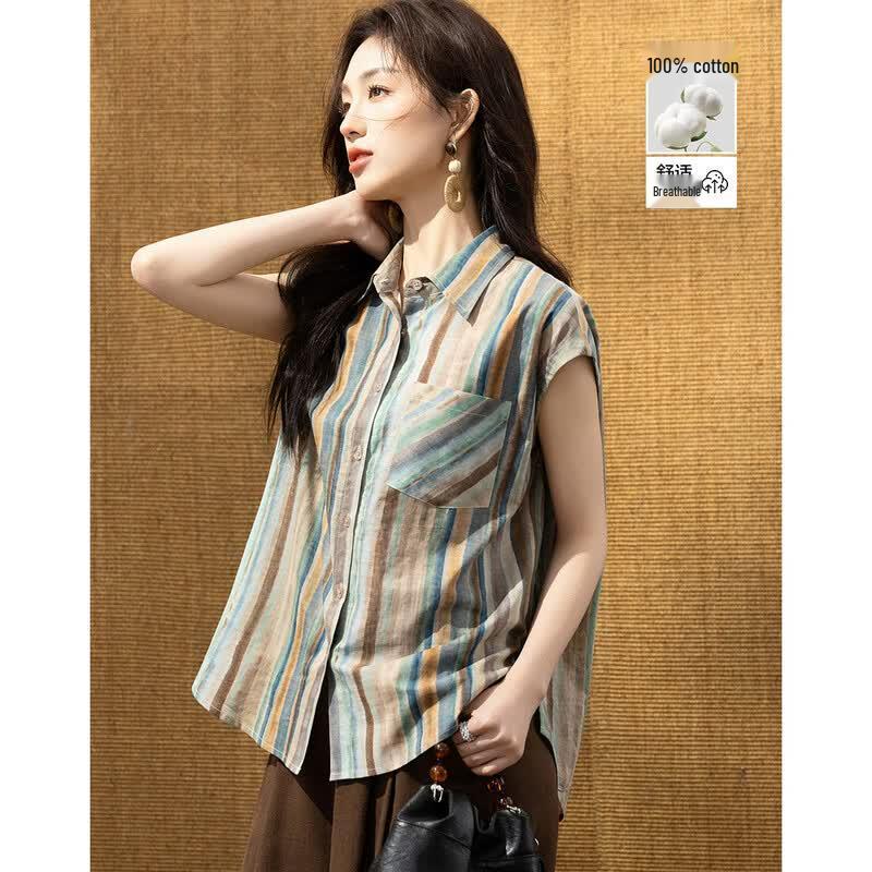 Demana Women s Urban Retro Striped Pure Cotton Lapel Short Sleeve Shirt S