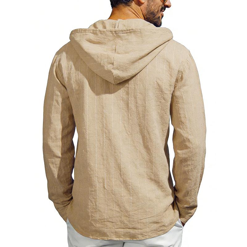 Men's Linen Striped Long Sleeve Hooded Shirt with Half Zip and Drawstring, Relaxed Fit