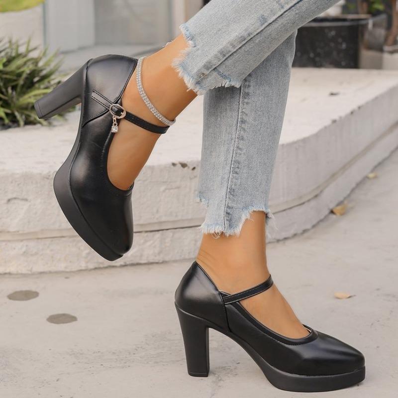 High Heels Plateau Pumps Mujer 2025 Frühling Neue Mode Schnalle Einfarbig Schwarz Schuhe Frau PU Leder Wasserdichte Schuhe Femme