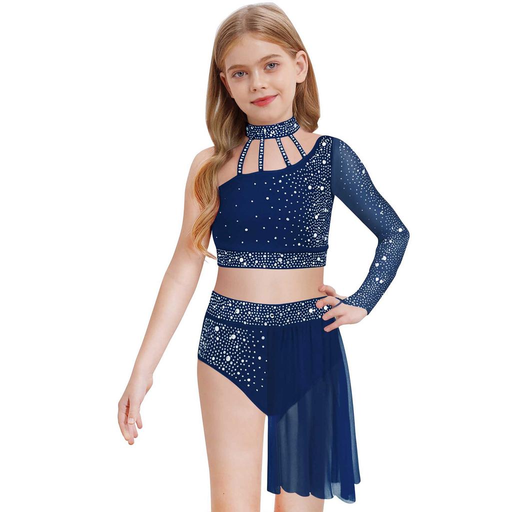 Mädchen Ein-Schulter Netz Langarm Glitzer Strass Crop Top Unregelmäßiger Rock Lyrisches Tanz Outfit Zeitgenössisches Performance Outfit