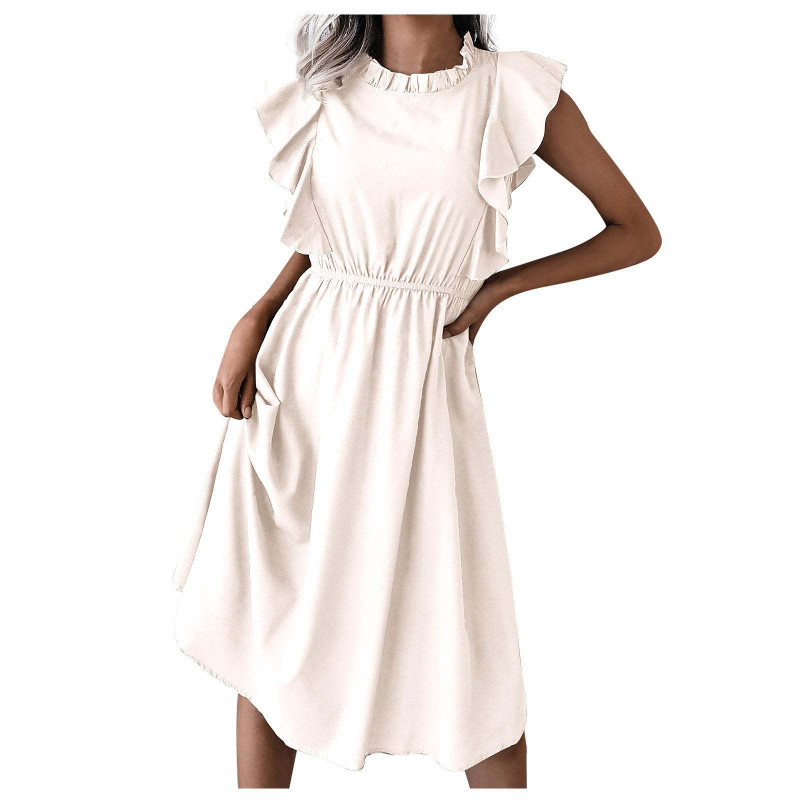 Women s Summer Casual Ruffle Short-Sleeved Waist-Skimming Color Dress M бежевый