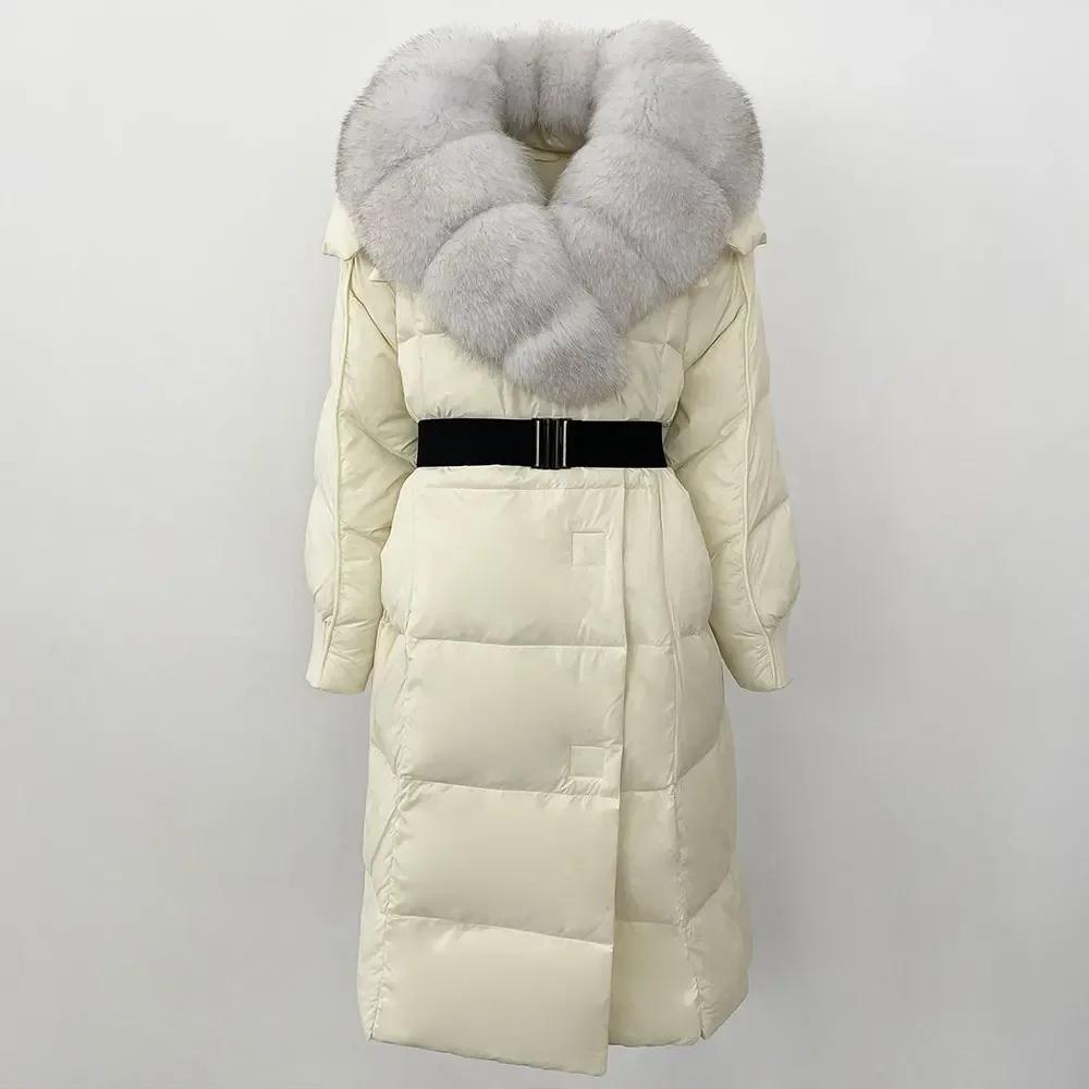 OFTBUY Winter Jacket Women Long Natural Real Raccoon Fox Fur Collar White Duck Down Coat Belt Thick Warm Casual Outerwear