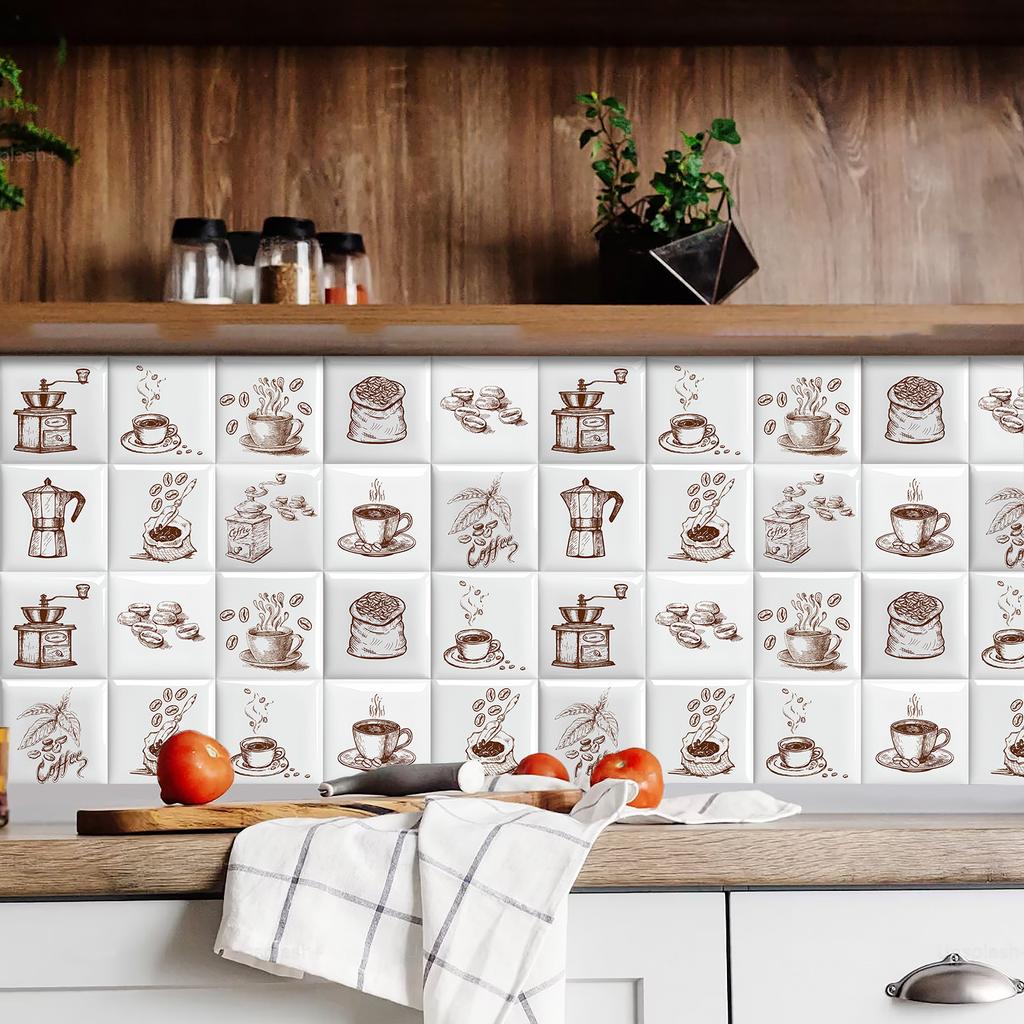 10 Stück Einfacher Stil Skizze Kaffee Wandaufkleber Imitation Ziegel Schlafzimmer Dekoration Wasserdicht Selbstklebende Fliesen Tapete Küchenschrank Dekor