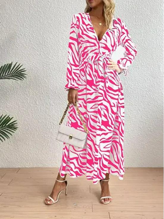 Zebra Print V-Neck Midi Dress - Elegant, Waist-Hugging, Long Sleeve, Autumn Fashion