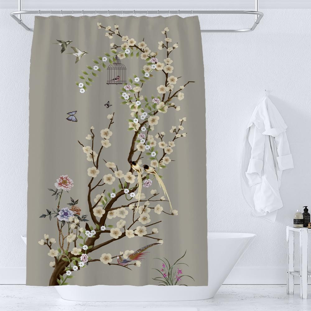 

Watercolor Floral and Birds Floral Shower Curtain with Hooks - Waterproof and Minimalist Design for Bathroom Home Decor Curtain W90xH180cm-35x70in