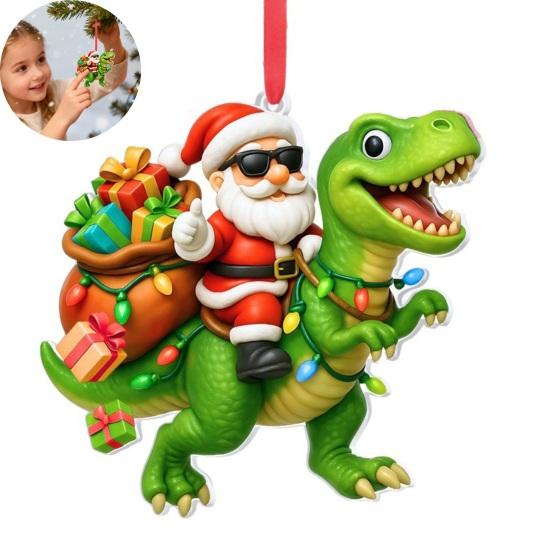 Santa Riding Dinosaur Ornament Funny Santa Claus Acrylic Hanging Decoration Novelty Dino Christmas Tree Ornament for Kids Boys Men
