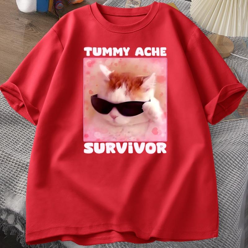 Tummy Ache Survivor Funny Cat Meme Tshirt Unisex Women Silly Stupid Cat Tee Shirt Unisexs Short Sleeve T Shirts Cotton Oversized Top