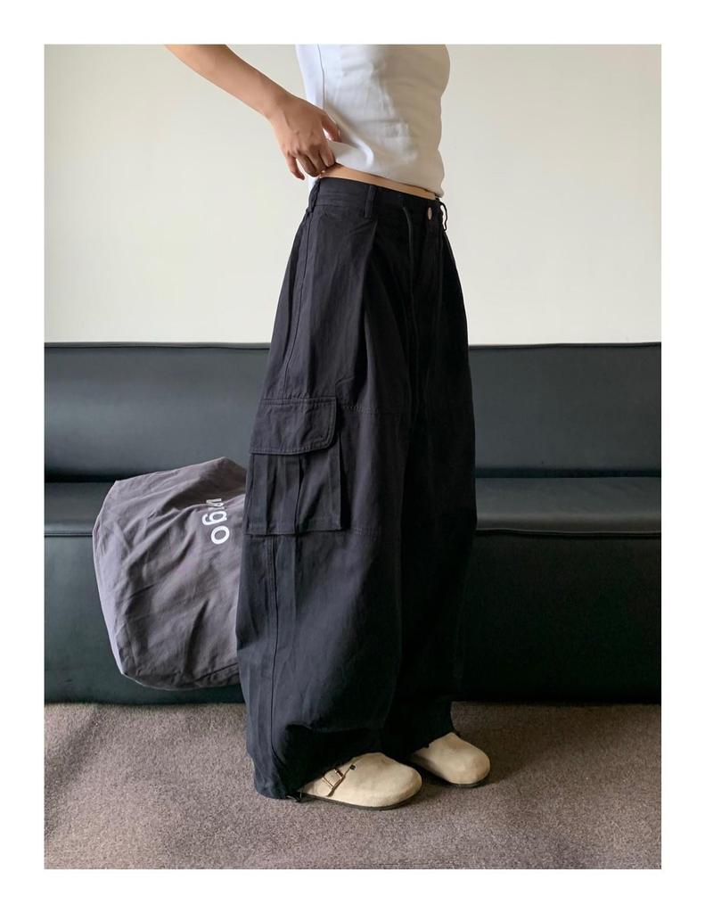 Unisex Summer Retro Wide-Leg Cargo Pants with Drawstring