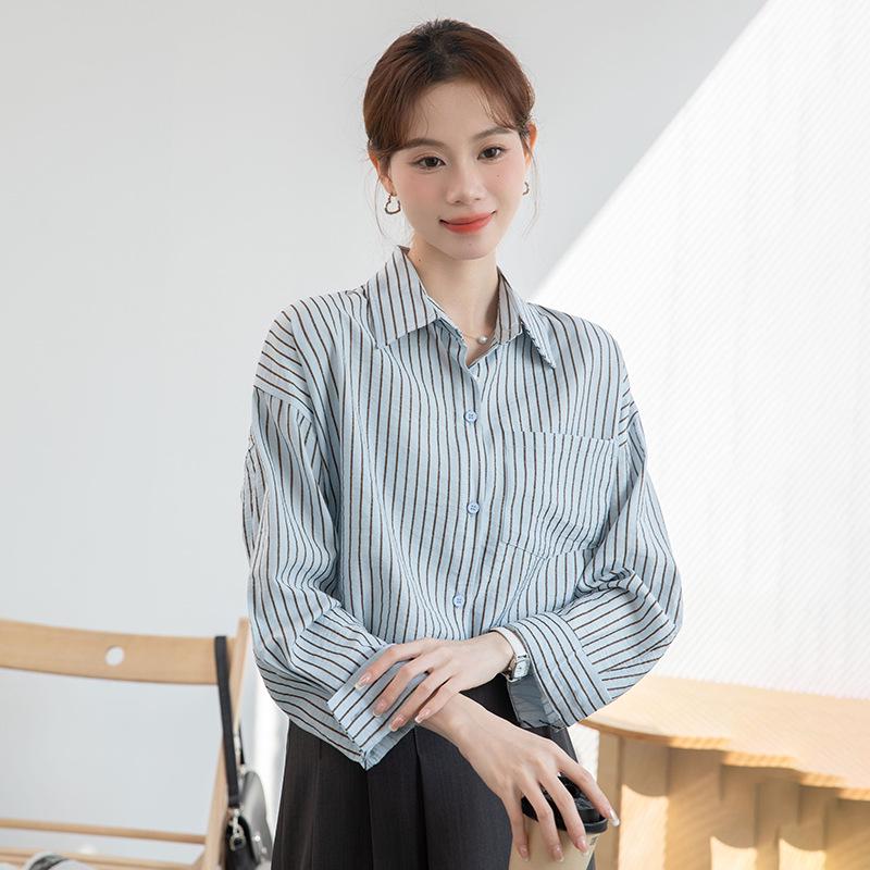 Korean Style Petite Blue Striped Polo Collar Long-Sleeve Shirt - Retro Spring/Autumn Large синий