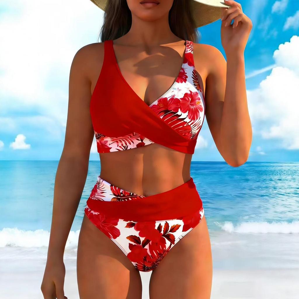 New Tropical Flower Plant Print Sexy Bikini Suit Vacation Casual Swimsuit Women